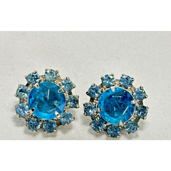 Vintage Blue Rhinestone Prong Set Clip On Earrings Silver-tone - Picture 12 of 15